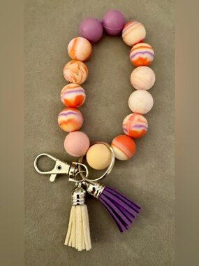 Beaded Keychain Wristlet: Orange, Pink & Purple Beads, Tassels, Silver Hardware
